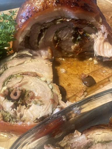 Le plat plaisir du week-end : Roulé de poitrine de porc à l'italienne et pommes sautées et champignons